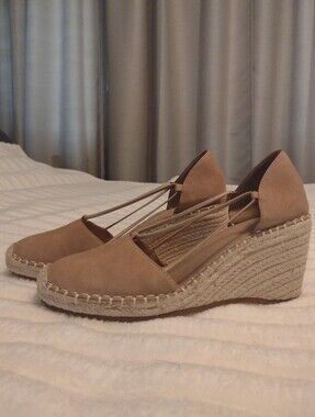 Eileen Fisher Womens 7 Leather Yasmin Espadrille Platform Wedge Tan Beige Resort
